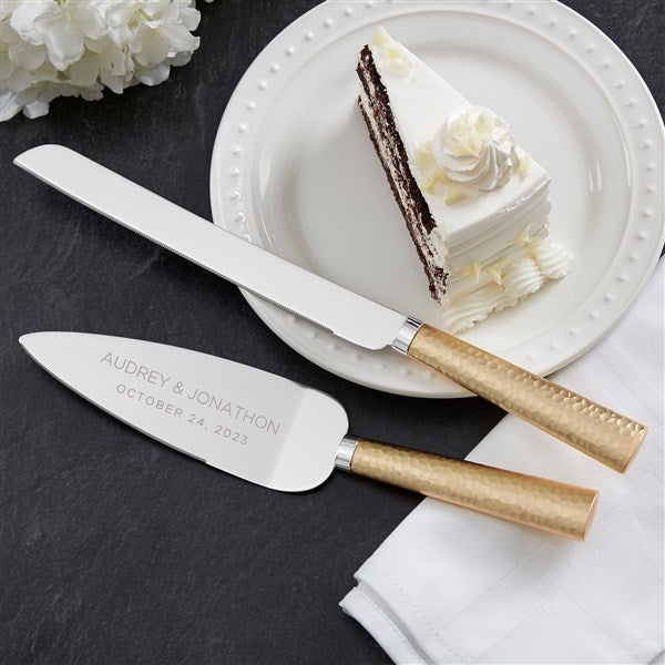 Elegant Couple Engraved Cake Knife Server Gold Set