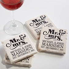 Personalized Stone Coaster Set - Mr  Mrs Wedding Coasters - 14102