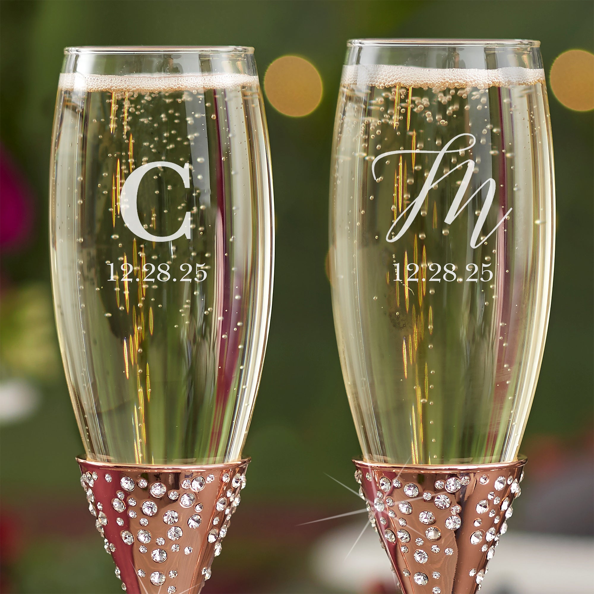 21340 - Sparkling Rose Gold Etched Initial Champagne Flute Set