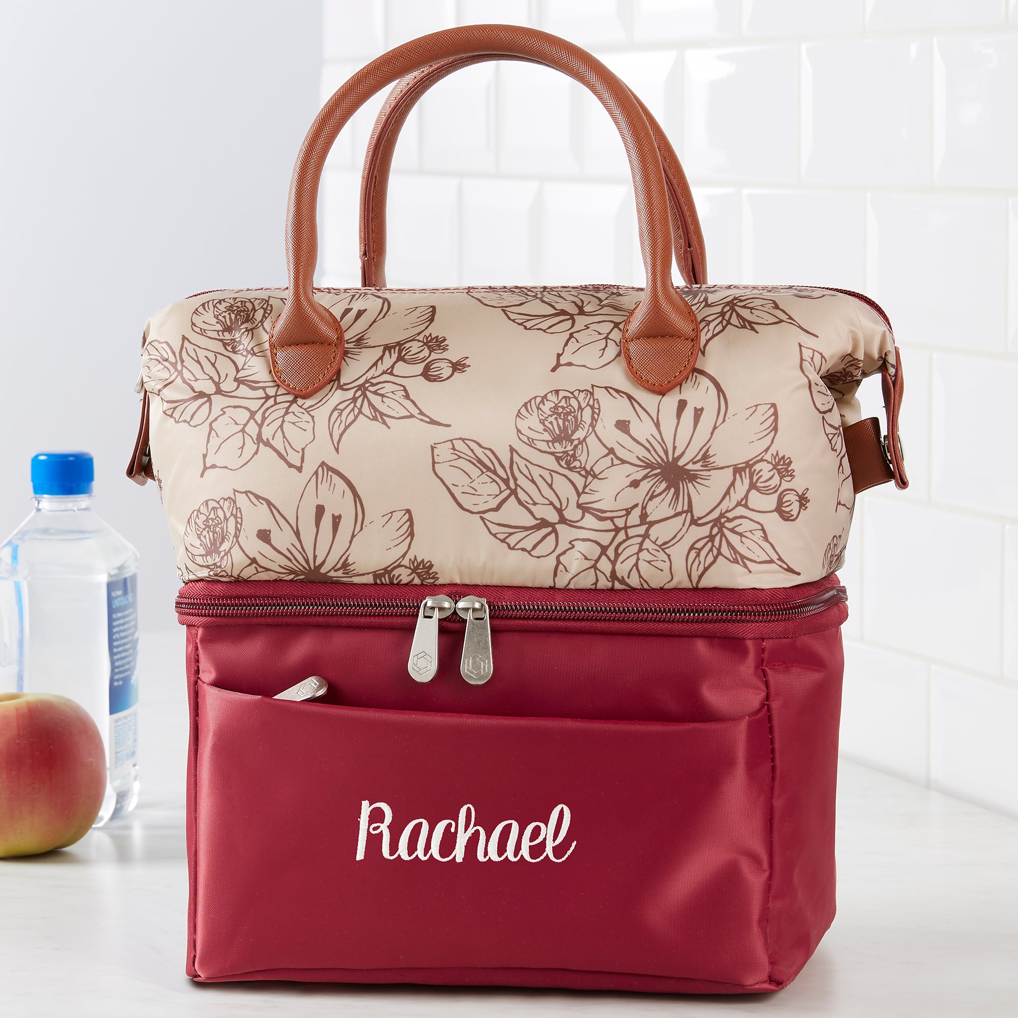 31854 - Burgundy Floral Embroidered Lunch Bag