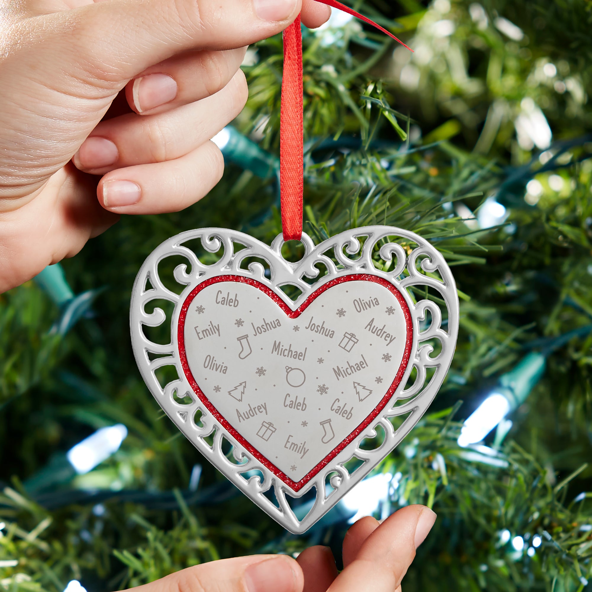 38389 - Repeating Name Personalized Silver Heart Ornament