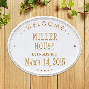 Oval Welcome Personalized Aluminum House Plaque - White  Gold - 1356D-WG
