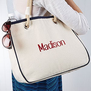 Embroidered Grey Canvas Tote Bag with Rope Handles