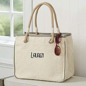 Embroidered Grey Canvas Tote Bag With Rope Handles - 14555-R