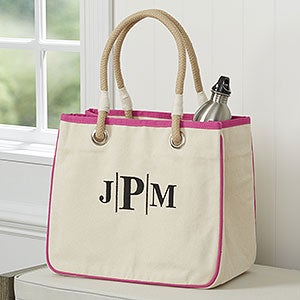 Embroidered Pink Canvas Tote Bag With Rope Handles - 14555-P