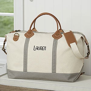 Grey Pure Linen Fabric Multi-Coloured Embroidered Mini Duffle Bag with Real  Brown Leather