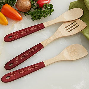Lovebirds Personalized Red-Handled Bamboo Cooking Utensils- 3pc Set - 18857