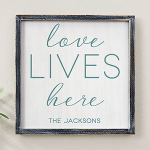 Love Lives Here Personalized Blackwashed Wood Wall Art 12x12 - 19276B-12x12