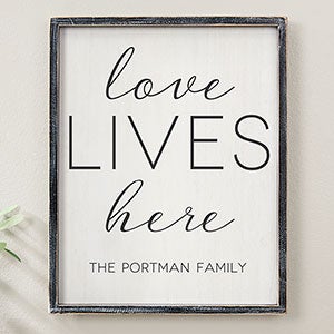 Love Lives Here Personalized Blackwashed Wood Wall Art 14x18 - 19276B-14x18