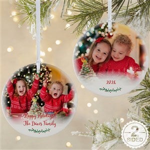 Holly Branch Personalized Family Photo Ornament- 3.75 Matte - 2 Sided - 19827-2L