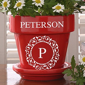 Circle  Vine Monogram Personalized Flower Pot - Red - 19989-R