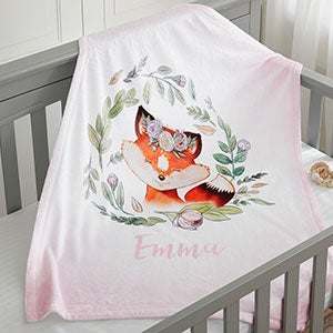 Woodland Floral Fox Personalized Plush Fleece Baby Blanket - 20254-F