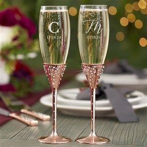 Sparkling Rose Gold Etched Initial Champagne Flute Set - 21340