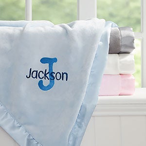 Playful Name Embroidered Blue Satin Trim Baby Blanket - 21732-B
