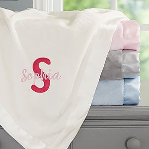 Name  Initial Embroidered Ivory Satin Trim Baby Blanket - 21732-I