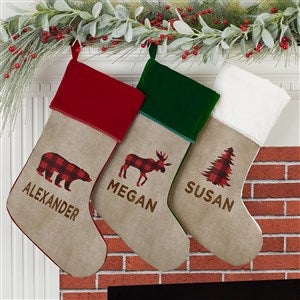 Cozy Cabin Buffalo Check Personalized Burgundy Christmas Stockings - 21844-B