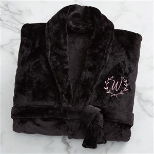 Floral Wreath Embroidered Luxury Black Fleece Robe - 23200-B