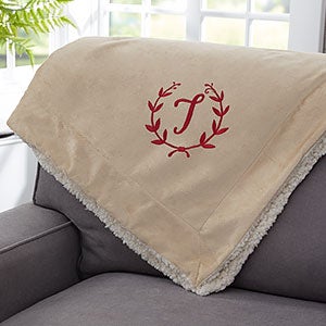 Floral Wreath Embroidered 50x60 Tan Sherpa Blanket - 23466-TS