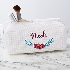 Floral Personalized White Waffle Weave Makeup Bag - 23871-W