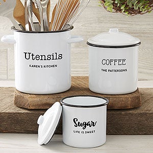 Personalized White Enamel Kitchen Utensil Holder