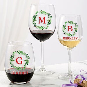 Stem Wine Glasses Pre-Designed Berry Wreath Holiday Monogram