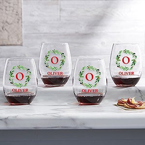Watercolor Wreath Personalized Christmas Stemless Wine Glass - 24725-S
