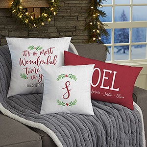 Watercolor Wreath Personalized Lumbar Christmas Throw Pillow