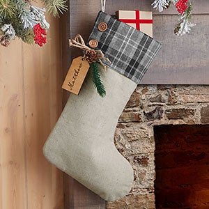 Grey Plaid Evergreen Personalized Stocking - Natural Alderwood Tag - 25224-GN