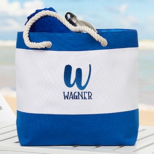 Ombre Initial Embroidered Blue Beach Bag - 26300-B
