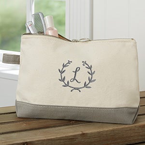 Floral Wreath Embroidered Canvas Makeup Bag - Grey - 26541-G