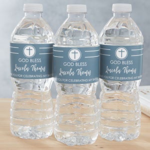 Modern Cross Boy Baptism Personalized Water Bottle Labels - 26984
