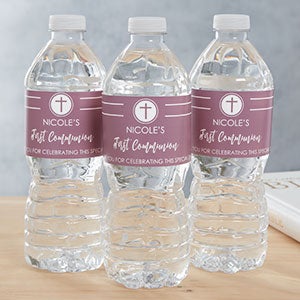 Modern Cross Girl Communion Personalized Water Bottle Labels - 26987