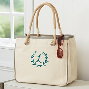 Floral Wreath Embroidered Canvas Rope Tote- Grey - 27000-G