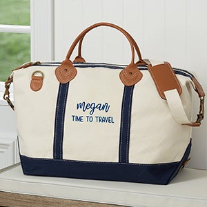 Scripty Style Embroidered Navy Canvas Duffel Bag - 28032-B