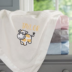 Cow Embroidered Ivory Satin Trim Baby Blanket - 28183-I