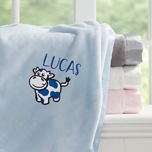 Cow Embroidered Blue Satin Trim Baby Blanket - 28183-B