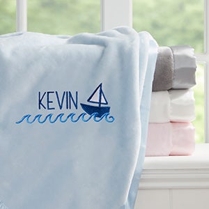 Sailboat Embroidered Blue Satin Trim Baby Blanket - 28189-B