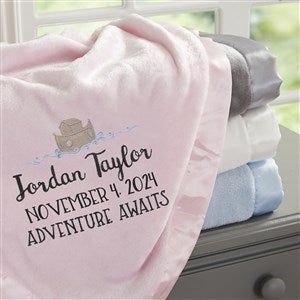 Precious Moments® Noahs Ark Embroidered Baby Boy Pink Satin Trim Blanket - 28523-P