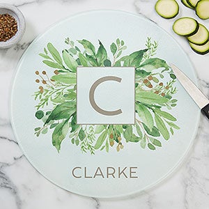Floral Monogram Personalized Round Glass Cutting Board - 12 - 29254-12