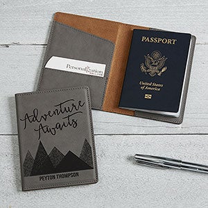 Adventure Awaits Personalized Charcoal Leatherette Passport Holder - 29336-G