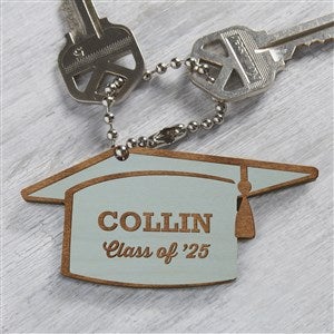 Graduation Cap Personalized Blue Stain Wood Keychain - 31259-B