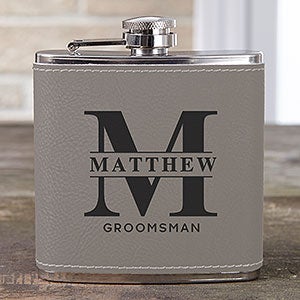 Lavish Groomsmen Wedding Grey Leatherette 6 oz. Personalized Flask - 31622