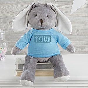 God Bless Personalized Grey Plush Bunny-Blue - 31647-GB