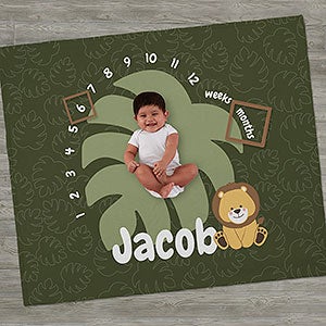 Jolly Jungle Lion Personalized Baby Milestone Fleece Blanket - 32254-L