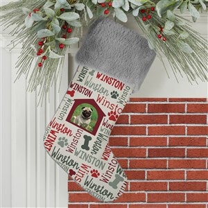 Repeating Pet Name Personalized Photo Grey Faux Fur Christmas Stocking - 32637-GF