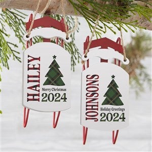 Plaid  Print Family Name Personalized Vintage Sled Ornament - 32641