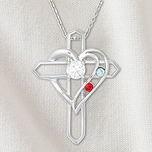 Heart  Cross Personalized Sterling Silver 2 Birthstone Necklace - 32818D-2SS