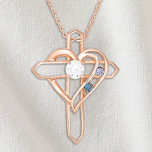 Heart  Cross Personalized Rose Gold 2 Birthstone Necklace - 32818D-2RG
