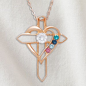 Heart & Cross Personalized Rose Gold 4 Birthstone Necklace - 32818D-4RG