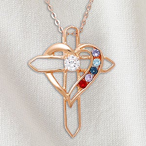 Heart  Cross Personalized Rose Gold 5 Birthstone Necklace - 32818D-5RG